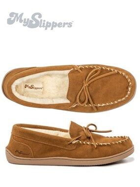 My Slippers new Men's Tan Suede Faux Fur Slip-On Leather Loafers - US11 WIDE